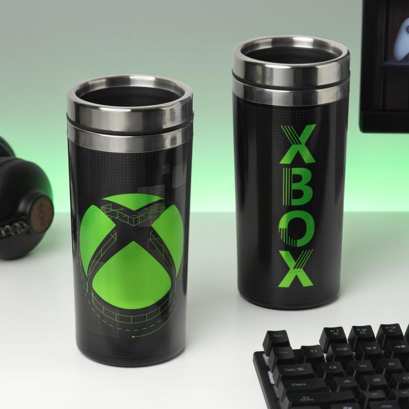 Paladone's XBOX Metal Travel Mug in green and black.